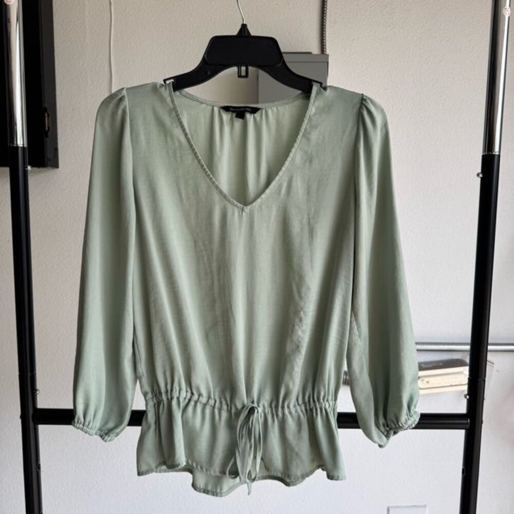 Banana Republic Peplum Blouse Women's XS Sage Green Puff Sleeve Cinch Waist